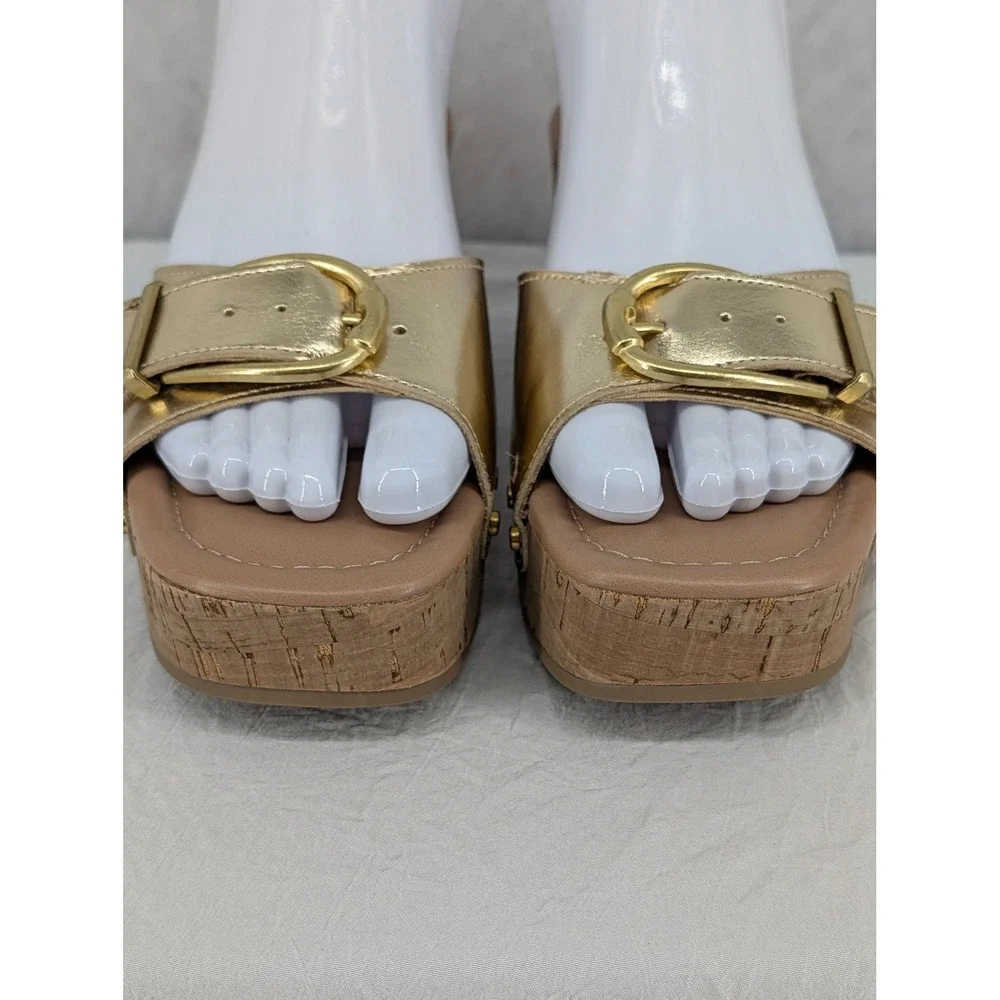 Time and Tru Gold Metallic Wedge Sandals 6 Cork Platform Studded Buckle Glam